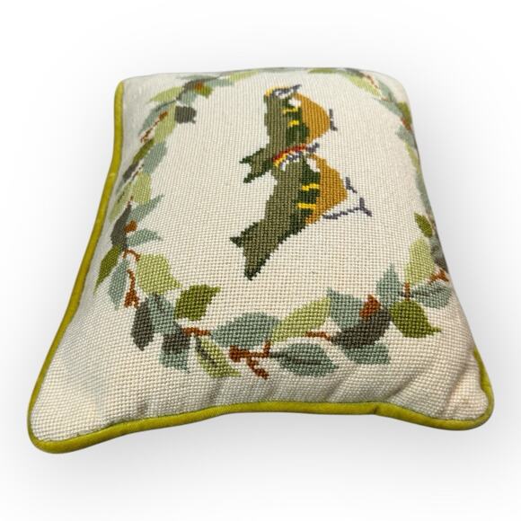 Bird Floral Needlepoint Throw Pillow 10x13” Yellow Velvet Cottagecore Vintage - Picture 5 of 5